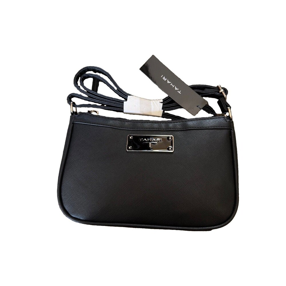 Tahari Saffiano Small Black Leather Crossbody Bag With Dust Bag TN1768P08 NEW
